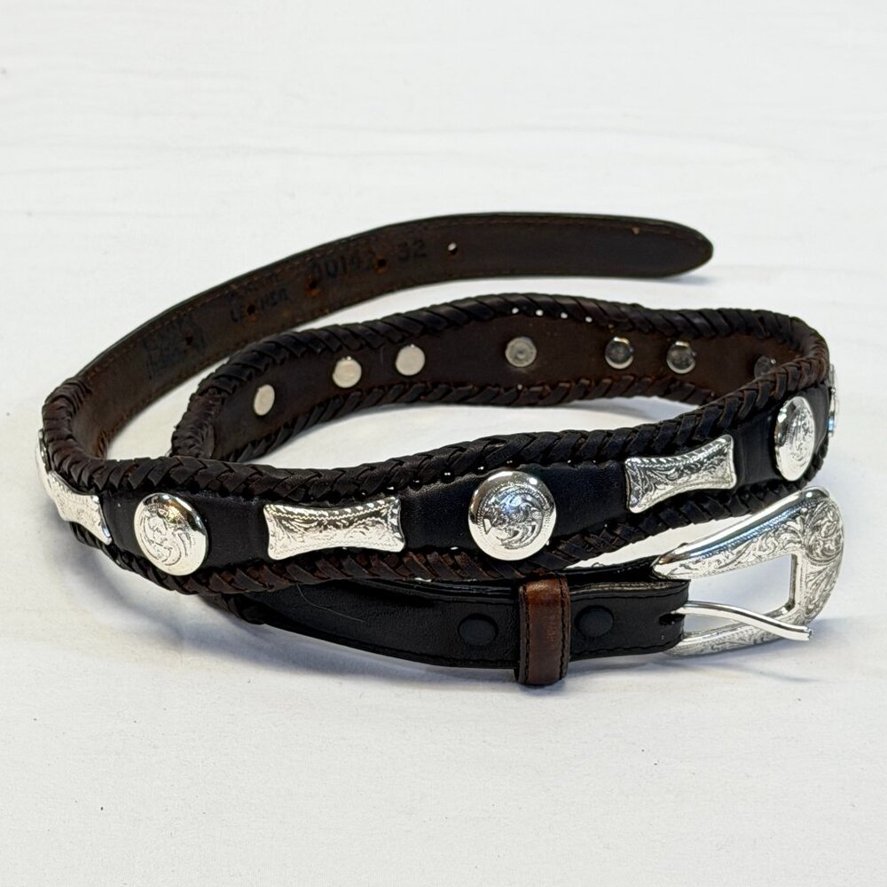 Nadim Genuine Leather Braided Curved Edge Silver Concho Belt 32 Western Boho
